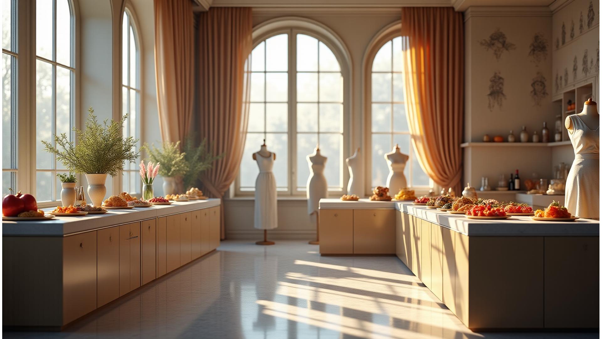 Vue panoramique d'un atelier parisien où se mêlent délicatement les tissus haute couture et les ustensiles de cuisine raffinés, symbolisant l'union de la mode et de la gastronomie par Plume & Papille.