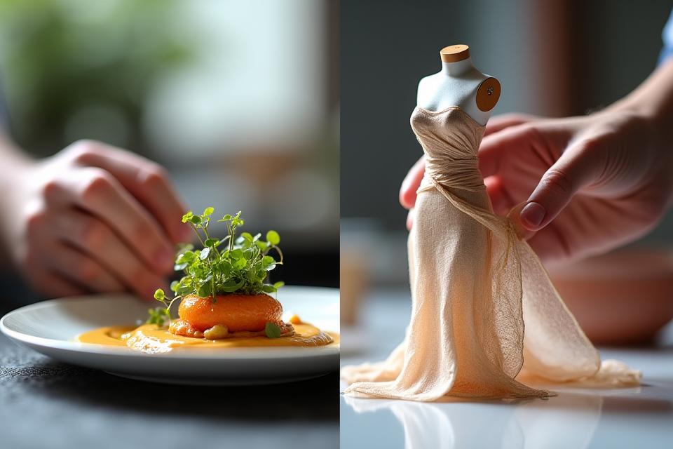 Mains d'un chef travaillant des ingrédients frais à côté d'une main de modéliste drapant un tissu luxueux, symbolisant la synergie entre gastronomie et mode.