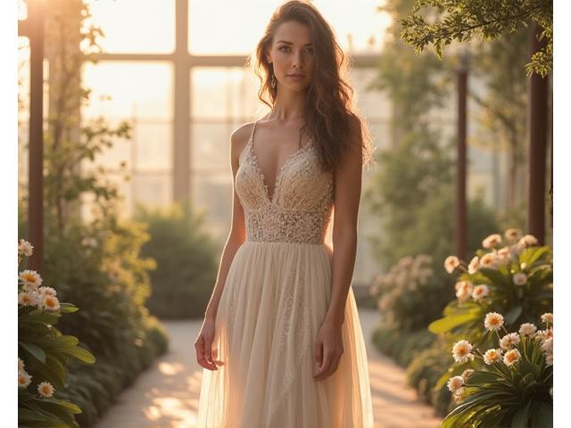 Robe de soirée bohème chic, dentelle fine, voile fluide