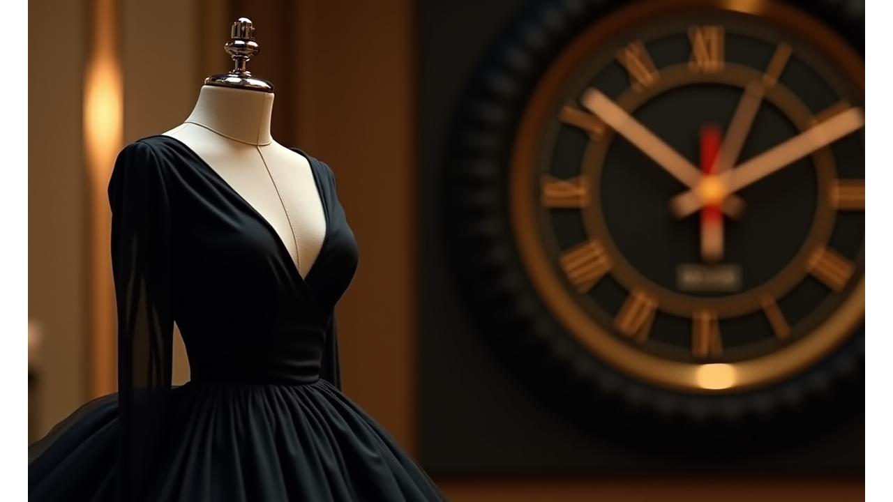 Horloge élégante avec des aiguilles se déplaçant rapidement, au-dessus d'une robe de soirée