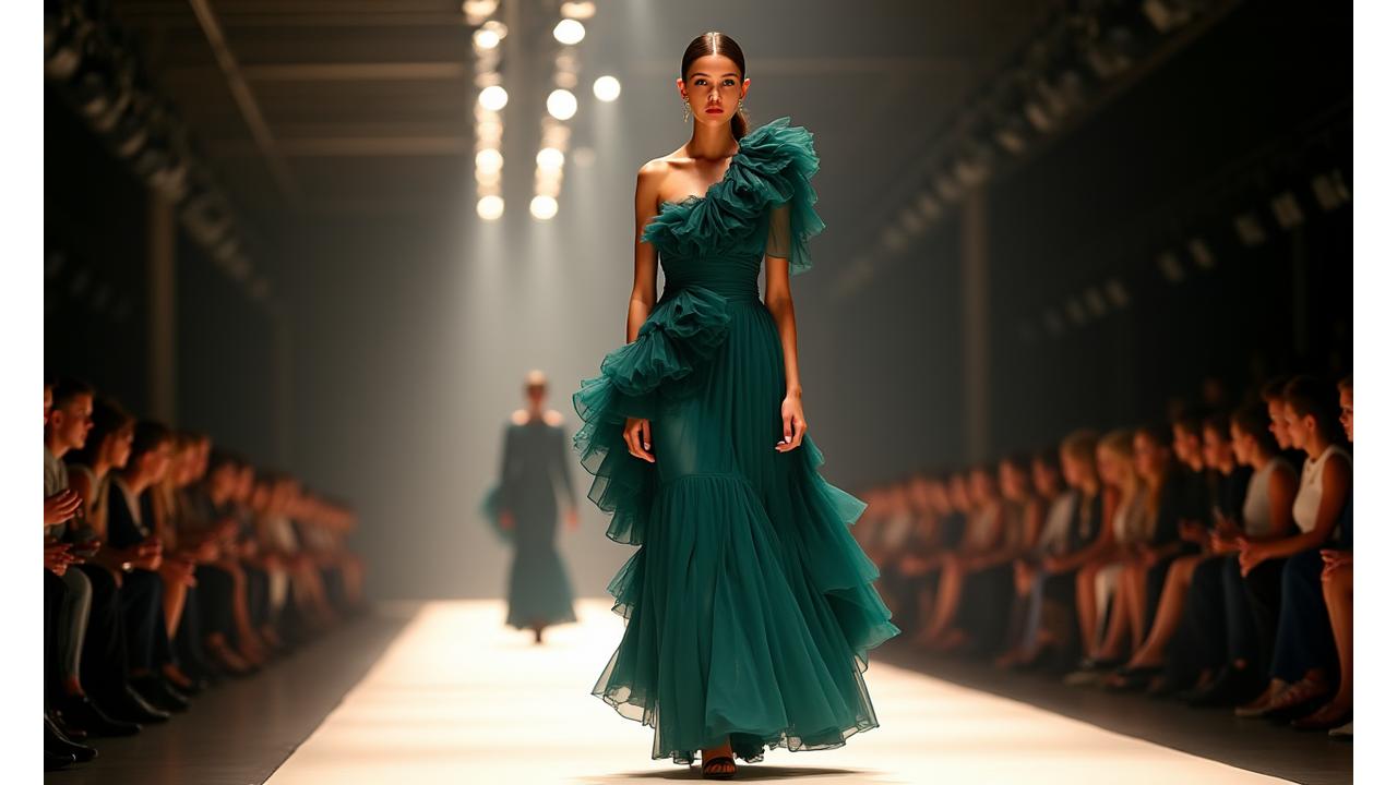 Mannequin portant une robe de soirée tendance, sur un podium lumineux de défilé