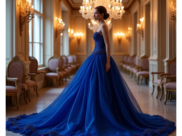 Robe de soirée élégante pour gala, couleur saphir, dans un grand salon parisien