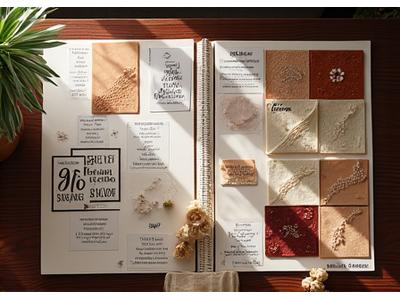 Exemple de moodboard pour robe de soirée, avec échantillons de tissus et images d'inspiration