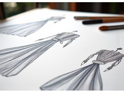 Variations de croquis de robes de soirée, montrant différentes coupes et détails