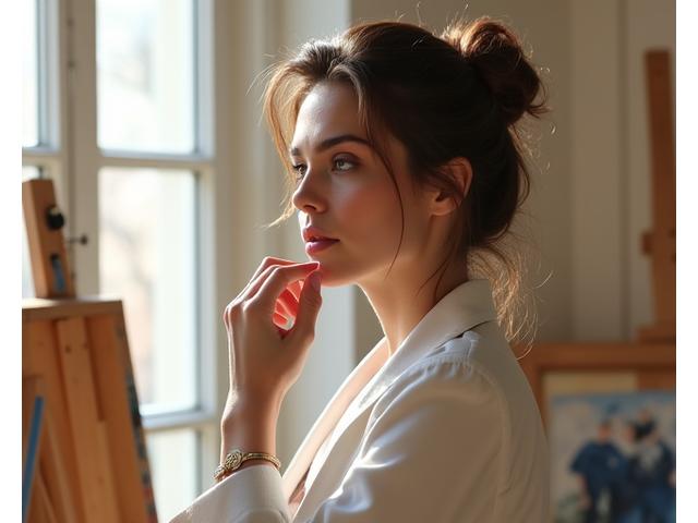 Portrait artistique d'une peintre française talentueuse avec des nuances riches.