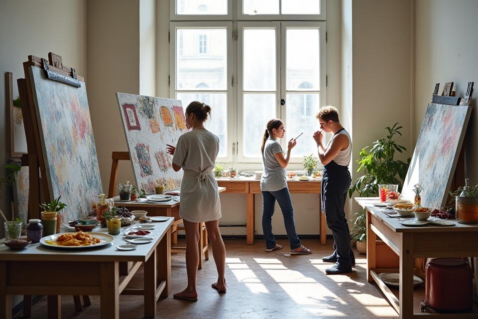 Un chef et un artiste collaborant de manière intense dans un studio d'art, avec des esquisses et des ingrédients culinaires éparpillés.