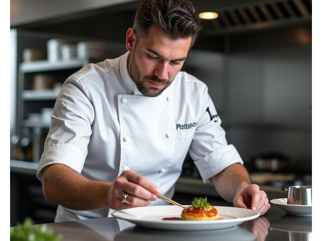 Portrait dynamique d'un chef cuisinier innovant en pleine action, avec des reflets subtils.