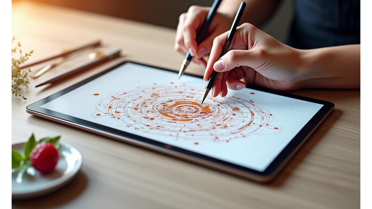Une main esquissant un design conceptuel fusionnant des motifs culinaires et artistiques sur une tablette graphique, avec des outils de cuisine et d'art autour.