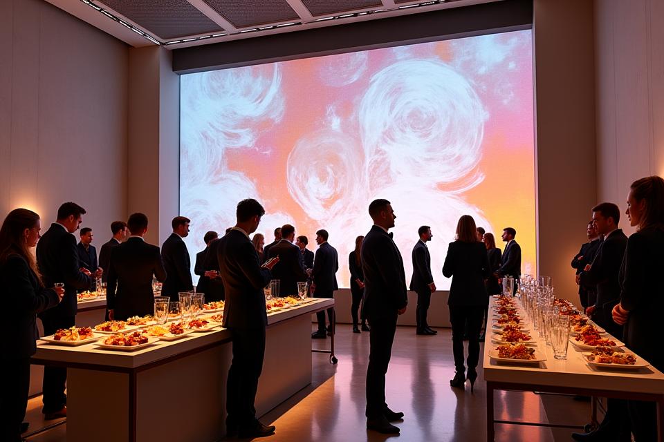 Des participants souriants interagissant avec une projection murale artistique vibrant en harmonie avec des stations de dégustation.