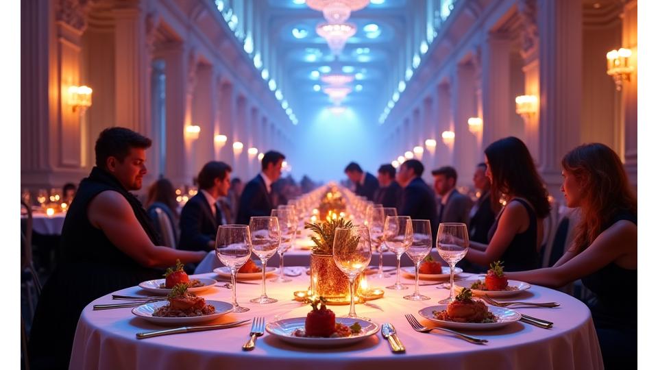 Un dîner élégant sous des jeux de lumière complexes projetant des motifs artistiques sur les plats et les murs, ambiance sophistiquée.