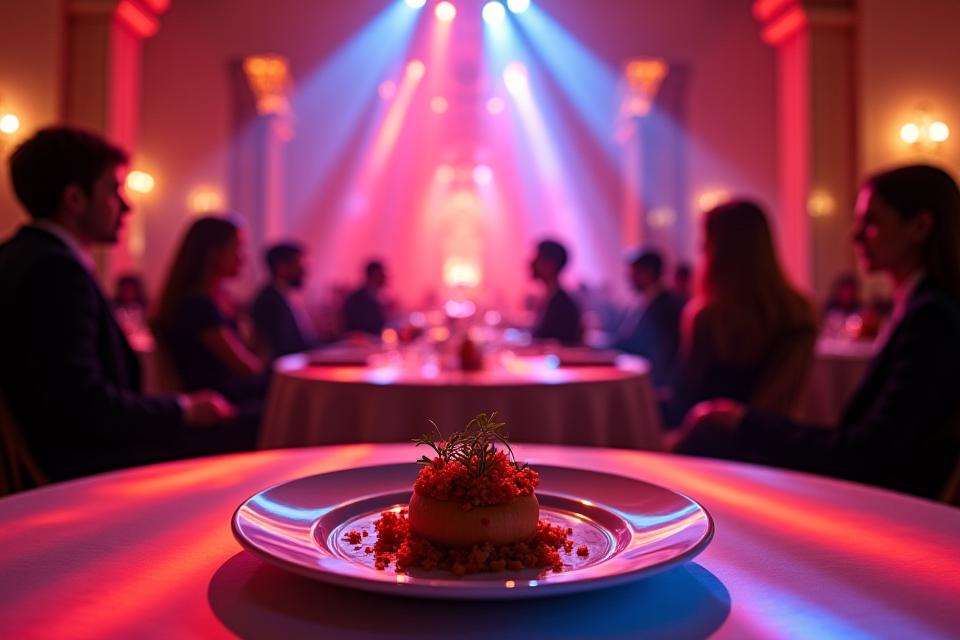 Plat gastronomique délicat présenté sur une scène illuminée par des lumières artistiques pendant un dîner-spectacle.
