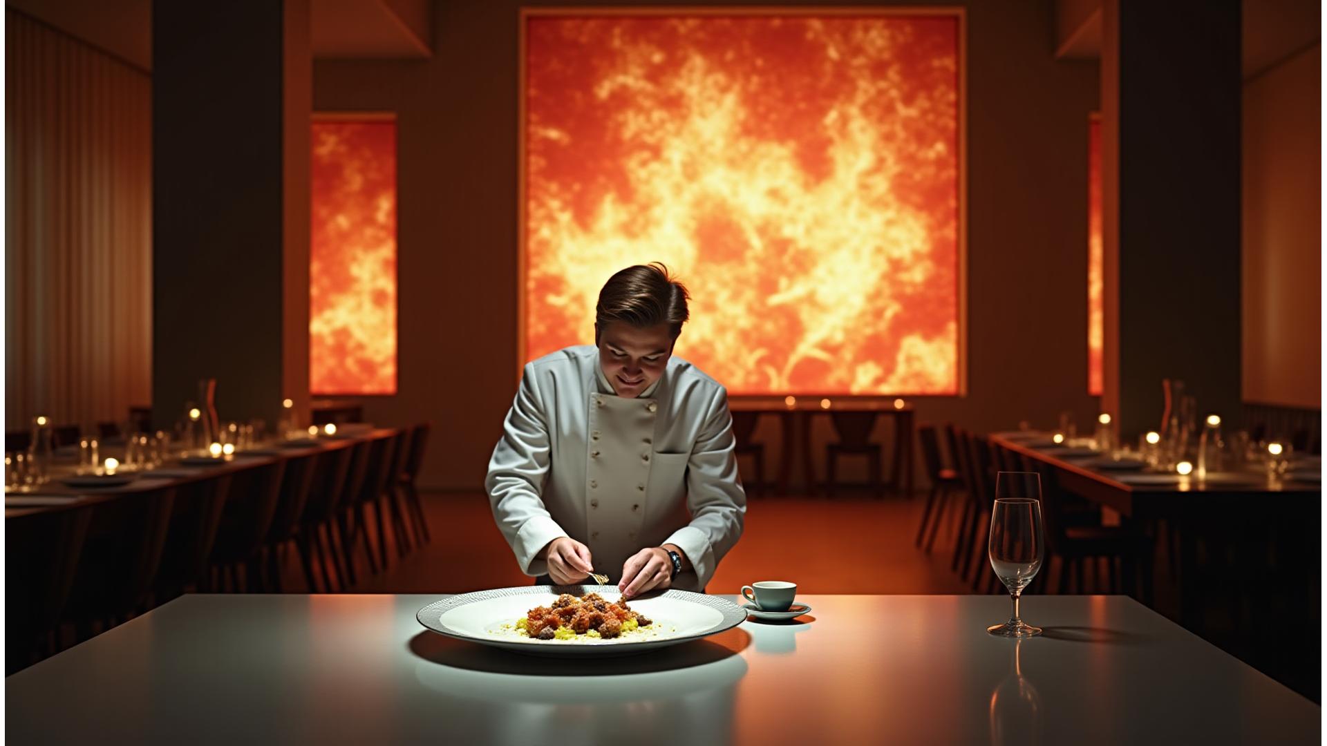 Un chef en pleine création culinaire devant une œuvre d'art abstraite lumineuse, évoquant une expérience multisensorielle unique à Paris.