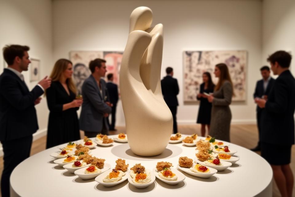 Une installation artistique moderne en galerie avec des sculptures et des bouchées gastronomiques disposées près d'elles.