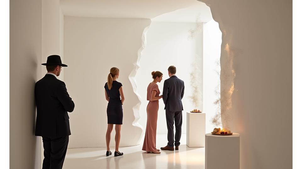 Des visiteurs interagissant avec une installation artistique interactive dans une galerie moderne, où des arômes subtils sont diffusés et des formes gustatives sont offertes.