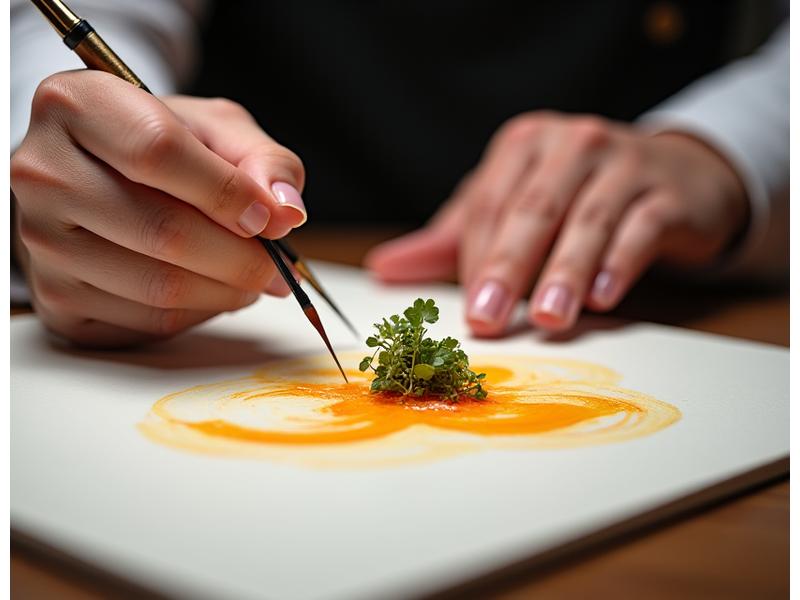 Deux mains, une tenant un pinceau peignant une toile et l'autre esquissant un plat délicat, symbolisant la fusion de l'art et de la gastronomie.