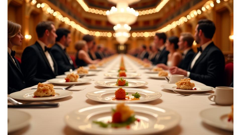 Un public élégant dans l'Opéra Garnier dégustant des plats aux formes et couleurs inspirées par la musique d'un opéra.
