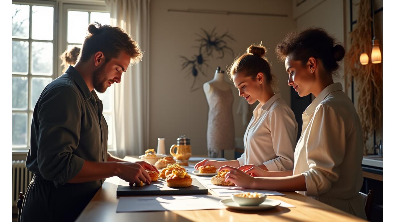 Équipe de Plume & Papille collaborant sur un projet de design textile et de menu gastronomique