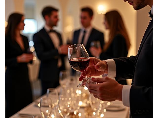 Un sommelier Plume & Papille servant du vin lors d'un cocktail d'entreprise élégant à Paris, ambiance professionnelle et raffinée.