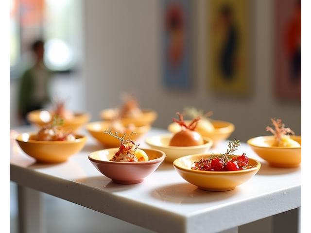 Des verrines gastronomiques artistiquement présentées sur une table lors d'un vernissage d'art contemporain, avec des œuvres d'art floues en arrière-plan.