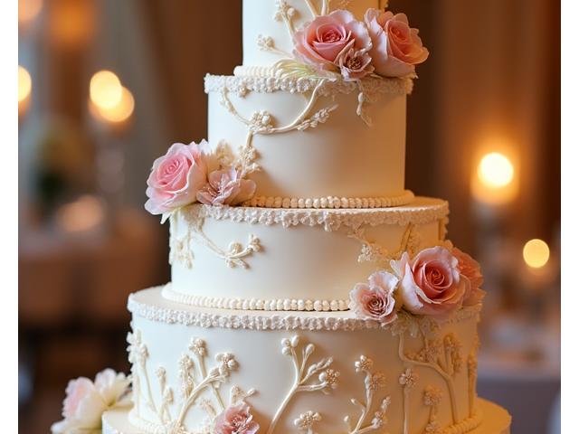 Un splendide gâteau de mariage à plusieurs étages, orné de fleurs comestibles, éclairé doucement lors d'une réception Plume & Papille.