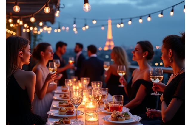Cocktail dînatoire sur un rooftop parisien avec vue sur la Tour Eiffel, invités élégants et petits fours raffinés.