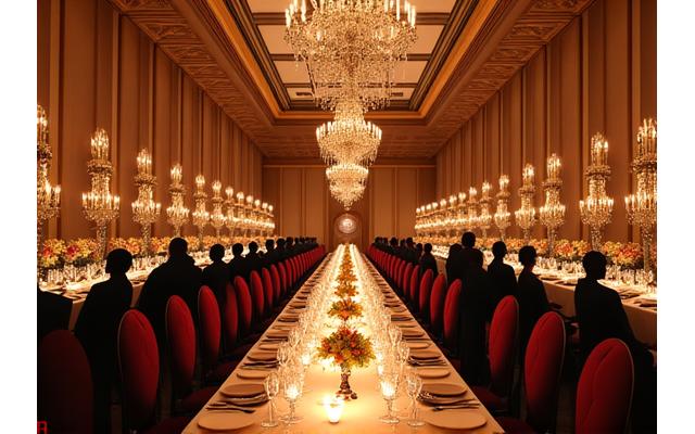 Dîner de gala prestige dans le grand hall d'un palais parisien, tables élégamment dressées, éclairage chaleureux.