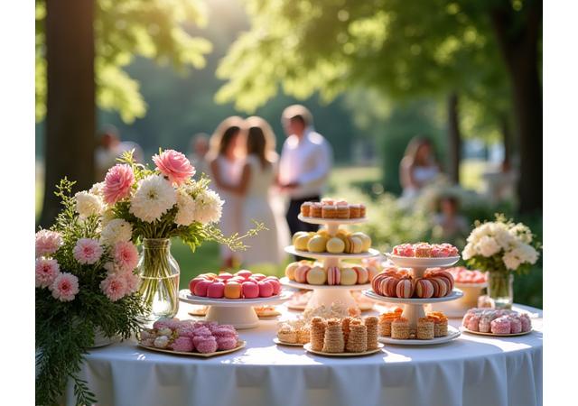 Mariage féerique dans les jardins du Château de Chaumont, avec un buffet floral et dégustation de macarons colorés.