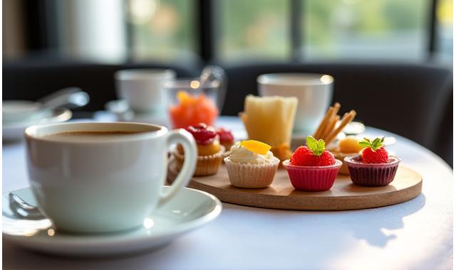 Pause café gourmande lors d'un séminaire d'entreprise, verrines de fruits frais et mignardises ensoleillées.