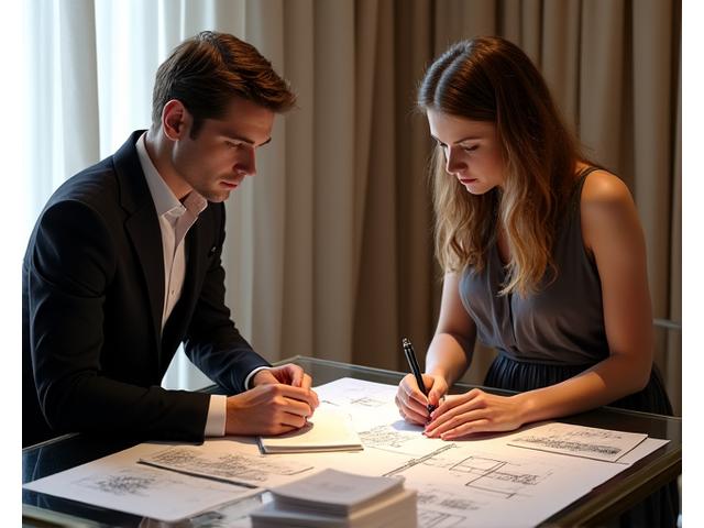 Deux personnes élégamment vêtues discutant autour d'une table basse, avec des échantillons de tissus et des croquis architecturaux, ambiance de bureau de design luxueux.