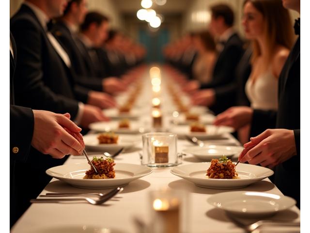 Des serveurs en uniforme noir disposant des assiettes élégantes sur une longue table de dîner, avec des invités en arrière-plan flou.