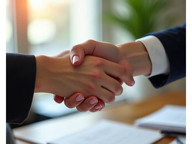 La main d'un client serrant la main d'un membre de l'équipe Plume & Papille suite à un événement réussi, ambiance de satisfaction et de professionnalisme.