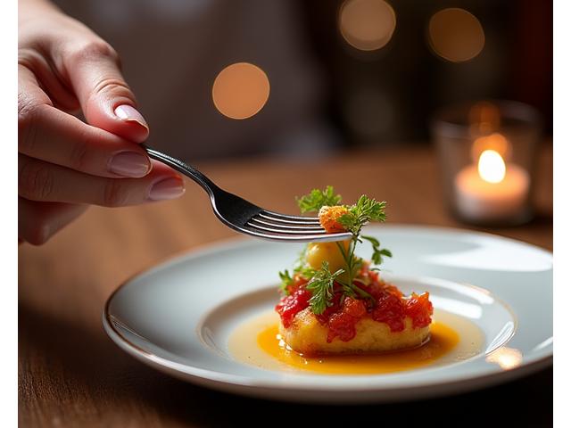 Une main élégante tenant une fourchette au-dessus d'une assiette gastronomique finement dressée, avec un bokeh de lumières dans un restaurant chic.