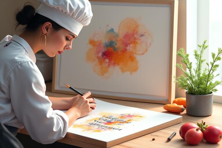 Chef Plume & Papille examinant une peinture abstraite, puis esquissant un plat dont les couleurs et formes rappellent l'œuvre.