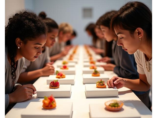 Atelier de dégustation dans un musée, participants explorant des saveurs uniques présentées sur des piédestaux, comme des œuvres d'art gustatives.