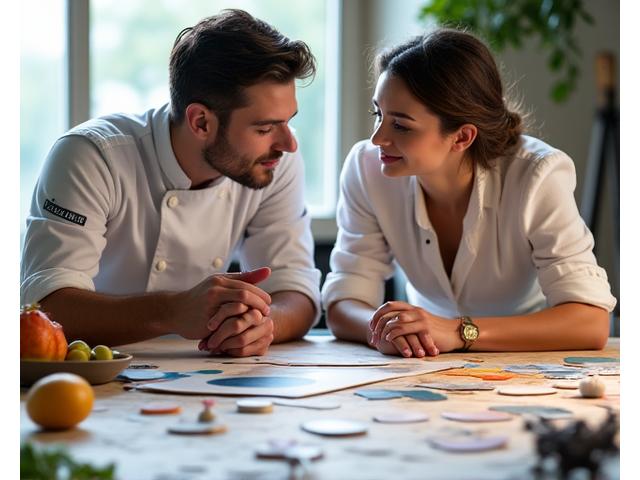 Chef cuisinier et artiste contemporain collaborant sur un concept de plat, esquisses et ingrédients étalés.