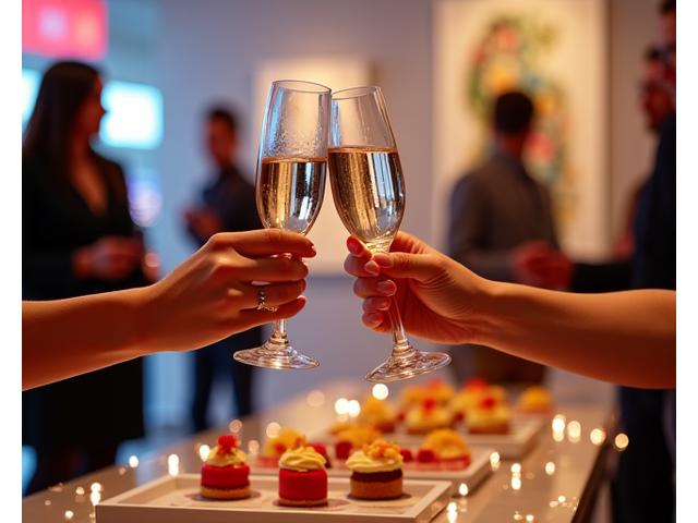 Ambiance festive avec des coupes de champagne et des desserts miniatures colorés lors d'une soirée de clôture d'exposition.