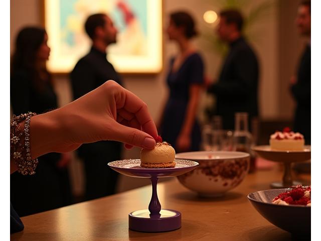 Guests dégustant des mets lors d'un cocktail privé VIP dans une galerie d'art, ambiance tamisée et exclusive.