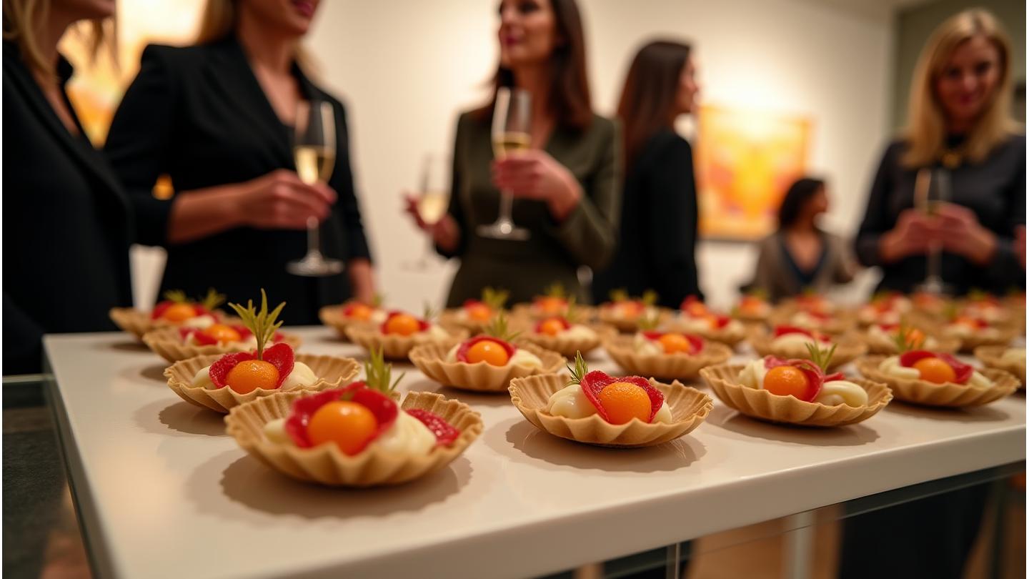 Catering artistique dans une galerie parisienne moderne, avec des mets fins disposés comme des œuvres d'art devant une sculpture contemporaine, éclairage doux et sophistiqué.