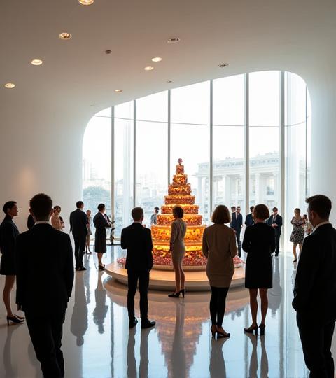 Réception artistique à la Fondation Louis Vuitton, installations culinaires grandioses et innovantes.
