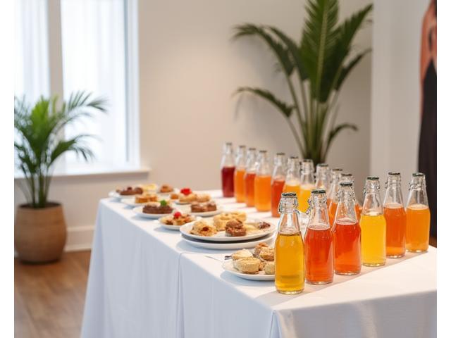 Table de buffet élégante avec des petits-fours et jus frais pour un déjeuner de presse artistique, devant une bannière de l'exposition.