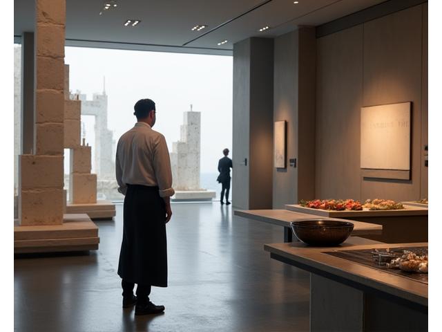 Un chef en résidence créative dans un espace muséal, devant une œuvre architecturale, préparant des plats inspirés du lieu.