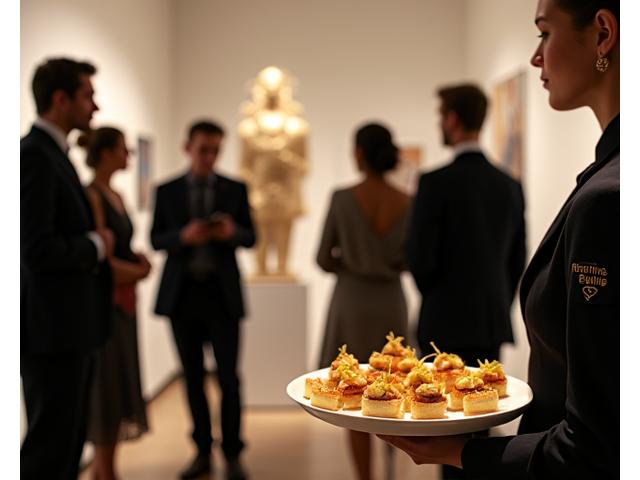 Cocktail élégant lors d'un vernissage d'art, avec des serveurs discrètement vêtus, des amuse-bouches sophistiqués et des œuvres d'art en arrière-plan.