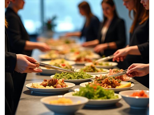 Participants à une conférence se servant d'un buffet vegan coloré