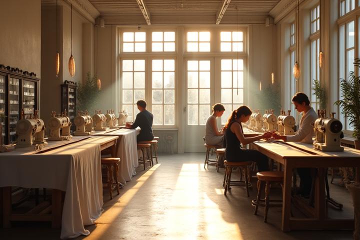 Intérieur lumineux et ordonné d'un atelier de haute couture parisien, avec des artisans au travail