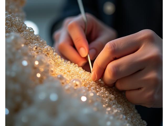 Mains d'artisan brodant un motif délicat sur un tissu de luxe