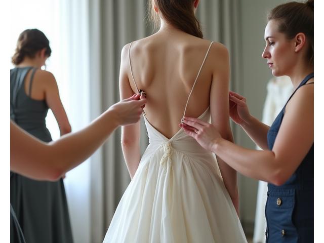 Client essayant une toile de museau, ajustements réalisés par des couturières
