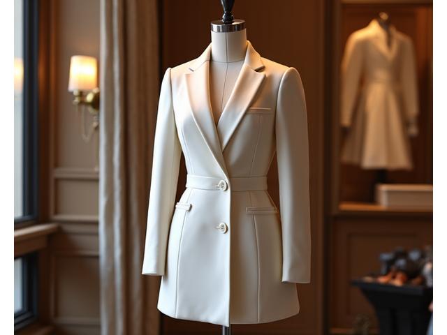Une pièce de haute couture présentée sur un mannequin en bois, prête à être livrée
