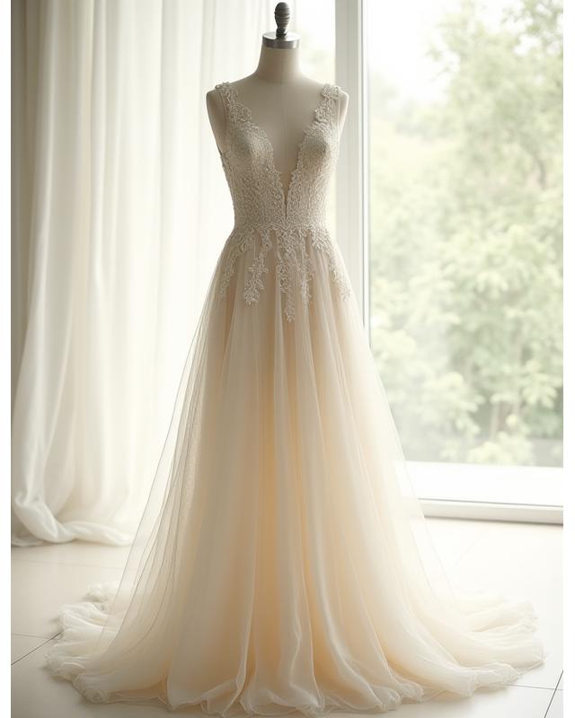 Robe de mariée fluidité en dentelle de Calais et tulle de soie