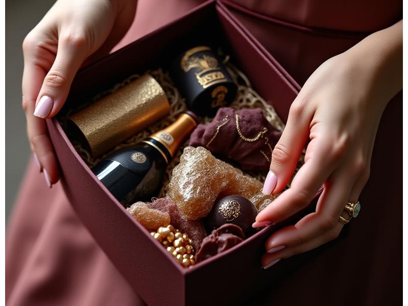Une main élégante plaçant une bouteille de vin dans un coffret cadeau gourmet luxueux et personnalisable avec d'autres produits raffinés
