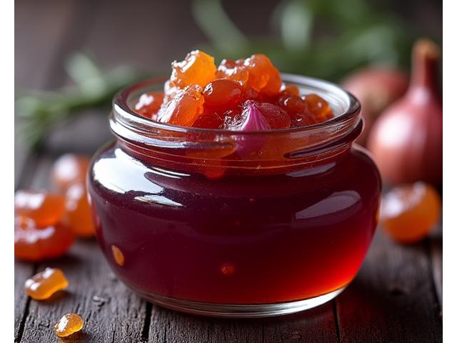 Bocal de confit d'oignons rouges, avec une texture brillante